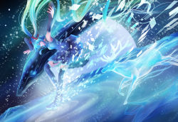 Rule 34 | 1girl, absurdres, aqua hair, bare shoulders, blue theme, deer, detached sleeves, hatsune miku, highres, long hair, mr. j.w, reflection, ripples, skirt, solo, thighhighs, twintails, very long hair, vocaloid, whale