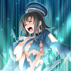 Rule 34 | 1girl, adapted turret, ascot, beret, black hair, blue hat, blush, breasts, closed eyes, energy cannon, firing, floating hair, gloves, glowing, godzilla (series), godzilla minus one, hat, imminent death, kantai collection, large breasts, military, military uniform, miniskirt, moaning, motion blur, neon lights, open mouth, sexually suggestive, shiny skin, shirt, short hair, skirt, solo, spoilers, takao (kancolle), thighhighs, tk8d32, torn clothes, torn shirt, undressing, uniform, wide hips