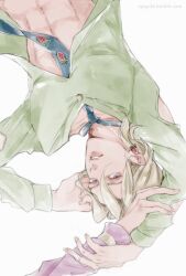 Rule 34 | 2boys, abs, arm up, blonde hair, clothing cutout, earrings, food-themed earrings, food print, food themed earrings, giorno giovanna, hand on own head, holding another&#039;s wrist, jewelry, jojo no kimyou na bouken, kayaze, long hair, long sleeves, lying, male focus, multiple boys, necktie, on back, open clothes, open shirt, pannacotta fugo, parted lips, print necktie, purple eyes, strawberry earrings, strawberry print, tumblr username, upside-down, vento aureo, yaoi
