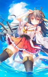 Rule 34 | 10s, 1girl, ahoge, bad id, bad pixiv id, black hair, black thighhighs, boots, detached sleeves, hairband, haruna (kancolle), headgear, kantai collection, looking at viewer, nontraditional miko, orange eyes, oshioshio, partially submerged, red skirt, skirt, smile, solo, standing, thigh boots, thighhighs, wading, water, wide sleeves