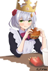 Rule 34 | 1girl, absurdres, apron, black dress, blunt bangs, braid, braided bangs, burger, burger king, closed mouth, crown, dress, drink, flower, food, food on face, french fries, genshin impact, green eyes, grey hair, hair flower, hair ornament, highres, holding, holding burger, holding food, jhonwikkle, looking at viewer, noelle (genshin impact), red flower, red rose, rose, short hair, signature, sleeves past elbows, solo, upper body, white apron, white background
