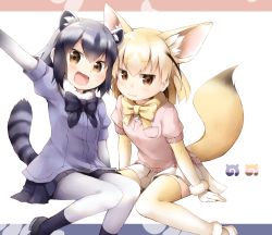 Rule 34 | 10s, 2girls, absurdres, animal ears, blonde hair, blush, bow, bowtie, brown eyes, closed mouth, collared shirt, common raccoon (kemono friends), fang, fennec (kemono friends), fox ears, fox tail, full body, fur collar, gloves, grey hair, half-closed eyes, highres, japari symbol, kemono friends, looking at viewer, multicolored hair, multiple girls, open mouth, pantyhose, pleated skirt, puffy short sleeves, puffy sleeves, raccoon ears, raccoon tail, satou saya, shirt, short-sleeved sweater, short hair, short sleeves, simple background, sitting, skirt, smile, sweater, sweater vest, tail, thighhighs, two-tone hair, waving, white background