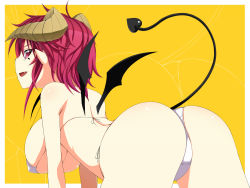 Rule 34 | 1girl, all fours, ass, bad id, bad pixiv id, bikini, breasts, demon girl, demon tail, demon wings, fang, highres, horns, huge breasts, kamata yuuya, large breasts, looking back, original, pink eyes, pink hair, pointy ears, short hair, smile, solo, swimsuit, tail, white bikini, wings, yellow background