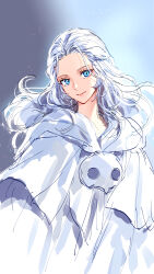 Rule 34 | 1girl, blue background, blue eyes, capelet, commentary, english commentary, final fantasy, final fantasy xiv, floating hair, gradient background, half updo, highres, hood, hood down, hooded capelet, long hair, looking at viewer, mask, mask around neck, unworn mask, robe, sketch, smile, solo, upper body, venat (ff14), wavy hair, white capelet, white hair, white robe, wild5lee