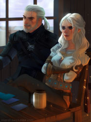 Rule 34 | 1boy, 1girl, armor, beard, belt, breasts, brown gloves, card, chair, ciri, cleavage cutout, closed mouth, clothing cutout, commentary, crossed arms, crossed legs, cup, facial hair, geralt of rivia, gloves, green eyes, indoors, lips, long hair, long sleeves, looking away, mariana souza, medallion, mug, parted lips, ponytail, scar, scar across eye, scar on face, scar on forehead, shirt, shoulder armor, sitting, smile, table, the witcher (series), the witcher 3, upper body, wavy hair, white hair, white shirt, window, witcher medallion, yellow eyes