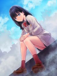 Rule 34 | 10s, 1girl, badge, black hair, black skirt, blue eyes, bow, bowtie, breasts, brown footwear, cardigan, cloud, collared shirt, eyebrows, fog, gridman universe, hand on own knee, highres, i-mixs, jacket, looking at viewer, medium breasts, parted lips, pleated skirt, red bow, red bowtie, red legwear, shirt, shoes, silhouette, skirt, sky, solo, ssss.gridman, stairs, takarada rikka, teeth, thighs, white cardigan