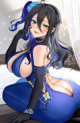 Rule 34 | 1girl, ass, ass cutout, back cutout, bare shoulders, black gloves, black hair, blue dress, blue eyes, blue hair, bracelet, braid, breasts, butt crack, carpet, clothing cutout, dress, elbow gloves, gloves, grey eyes, hair between eyes, heterochromia, highres, jewelry, large breasts, long hair, looking at viewer, multicolored hair, necklace, no panties, open mouth, original, playing with own hair, side ponytail, sideboob, sitting, sleeveless, sleeveless dress, smile, solo, two-tone hair, yunamaro