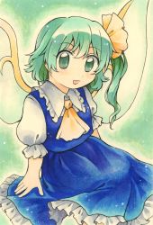 Rule 34 | 1girl, blue skirt, blue vest, blush, commentary request, daiyousei, fairy wings, frilled shirt collar, frilled skirt, frills, green eyes, green hair, hair ribbon, happy, head tilt, highres, looking at viewer, maa (forsythia1729), marker (medium), medium hair, open mouth, ponytail, puffy short sleeves, puffy sleeves, ribbon, shirt, short sleeves, side ponytail, skirt, touhou, traditional media, vest, white shirt, wings, yellow ribbon
