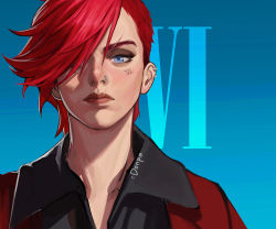 Rule 34 | arcane: league of legends, arcane vi, black shirt, blouse, blue eyes, character name, closed mouth, collared shirt, earrings, green background, jacket, jewelry, league of legends, na yeon, nose piercing, piercing, red hair, red jacket, shirt, short hair, solo, swept bangs, upper body, vi (league of legends)