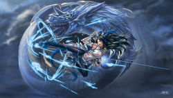 Rule 34 | 1girl, bare shoulders, black hair, blue eyes, china dress, chinese clothes, cloud, cloudy sky, dragon, dragon girl, dragon horns, dragon tail, dress, fingerless gloves, fins, flying kick, gloves, head fins, highres, horns, jefuty, karin (p&amp;d), kicking, long hair, magic, open mouth, pantyhose, puzzle &amp; dragons, sky, spiked gauntlets, tail