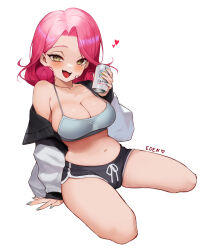 Rule 34 | 1girl, :d, bare shoulders, beer can, black shorts, breasts, cameltoe, camisole, can, cleavage, collarbone, crop top, curly hair, dolphin shorts, drawstring, drink can, eden (shiroki yuutsu), fang, grey shirt, hand up, heart, highres, holding, holding can, jacket, large breasts, long sleeves, looking at viewer, medium hair, micro shorts, midriff, nail polish, navel, off shoulder, open clothes, open jacket, open mouth, original, parted bangs, pink hair, shirt, short shorts, shorts, simple background, sitting, sleeveless, sleeveless shirt, smile, solo, spaghetti strap, stomach, thighs, vanilla (eden (shiroki yuutsu)), wariza, white background, white jacket, yellow eyes