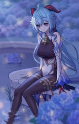 Rule 34 | 1girl, absurdres, ahoge, arm support, armpit crease, bare shoulders, bell, black bodysuit, black gloves, black pantyhose, blue flower, blue hair, blurry, blush, bodystocking, bodysuit, breasts, closed mouth, commentary, depth of field, detached collar, detached sleeves, fireflies, flower, ganyu (genshin impact), genshin impact, gloves, goat horns, gold trim, gradient eyes, highres, horns, knees together feet apart, korean commentary, long hair, looking down, looking to the side, low ponytail, medium breasts, moonlight, multicolored eyes, neck bell, night, pantyhose, ponytail, pool, purple eyes, qrio 77, ripples, sidelocks, sitting, smile, soaking feet, solo, thighlet, thighs, water, white sleeves