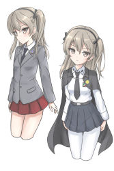 Rule 34 | 1girl, anzio school uniform, black cape, black hairband, black necktie, black skirt, blazer, blouse, brown eyes, brown hair, cape, closed mouth, collared shirt, commentary, cropped legs, flipper, girls und panzer, grey jacket, hair between eyes, hairband, highres, jacket, long hair, long sleeves, looking at viewer, multiple views, necktie, one side up, pantyhose, pleated skirt, red pantyhose, red skirt, saunders school uniform, school uniform, shimada arisu, shirt, simple background, skirt, white background, white shirt