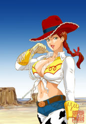Rule 34 | 1girl, animal print, artist request, braid, breasts, cleavage, cow print, cowboy hat, disney, freckles, front-tie shirt, green eyes, hat, jessie the yodeling cowgirl, large breasts, lipstick, looking at viewer, makeup, midriff, navel, open mouth, outdoors, red hair, single braid, solo, toy story