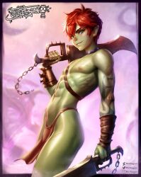 Rule 34 | 1boy, abs, arm tattoo, bishounen, blush, bracer, chain, colored skin, earrings, fantasy, goblin, green eyes, green skin, highres, holding, holding sword, holding weapon, jewelry, lip piercing, loincloth, male focus, mrelagan, nose piercing, orc, original, piercing, pointy ears, realistic, red hair, revealing clothes, single earring, sword, tattoo, weapon, wide hips