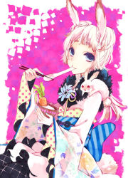 Rule 34 | 1girl, animal ears, bow, rabbit, rabbit ears, carrot, chopsticks, eating, female focus, food, japanese clothes, kimono, kuroyuki, original, solo