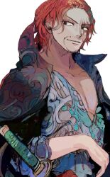 Rule 34 | 1boy, absurdres, black coat, center opening, coat, coat on shoulders, facial hair, highres, looking to the side, male focus, one piece, pectorals, red hair, scar, scar across eye, scar on face, shanks (one piece), shirt, short hair, simple background, smile, solo, sword, weapon, white background, yadu nadu