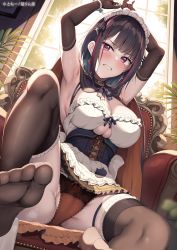 Rule 34 | 1girl, apron, armchair, armpits, arms behind head, arms up, bare shoulders, black choker, black hair, black panties, black ribbon, black thighhighs, blush, bound, bound wrists, breasts, brown gloves, brown panties, cameltoe, cape, chair, choker, cleavage, cleft of venus, clenched teeth, corset, crescent, crescent earrings, day, earrings, elbow gloves, feet, foreshortening, frills, gloves, groin, hair ornament, hair ribbon, highres, indoors, jewelry, knee up, lace, lace panties, large breasts, leaf, legs, legs up, long hair, looking at viewer, maid, maid apron, maid headdress, miniskirt, mole, mole under eye, multicolored hair, neck ribbon, no shoes, open mouth, original, panties, plaid, plaid ribbon, plant, pleated skirt, potted plant, purple eyes, purple hair, restrained, ribbon, sidelocks, sitting, skirt, soles, solo, spread toes, streaked hair, teeth, thigh strap, thighhighs, toe scrunch, toes, tomoo (tomo), two-tone hair, two-tone panties, underboob, underwear, very long hair, waist apron, white apron, white skirt, window, x hair ornament