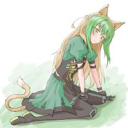 Rule 34 | 1girl, animal ears, atalanta (fate), belt, blush, boots, brown hair, fate/apocrypha, fate (series), gloves, green eyes, long hair, multicolored hair, skirt, solo, tail, thigh boots