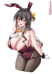 Rule 34 | 1girl, animal ears, artist name, bare shoulders, black hair, blush, bow, bowtie, breasts, cleavage, colored inner hair, commentary request, covered navel, cowboy shot, cropped legs, detached collar, ebifurya, fake animal ears, fang, gloves, green eyes, hair between eyes, hair ribbon, hand on own chest, hand up, highleg, highleg leotard, highres, kantai collection, large breasts, leaning forward, leotard, long hair, looking at viewer, multicolored hair, naganami (kancolle), one-hour drawing challenge, open mouth, pantyhose, pink hair, playboy bunny, rabbit ears, rabbit tail, ribbon, sidelocks, simple background, skindentation, smile, solo, strapless, strapless leotard, sweat, tail, thigh gap, thighs, twitter username, two-tone hair, wavy hair, white background, white gloves, wrist cuffs, yellow bow, yellow bowtie, yellow ribbon