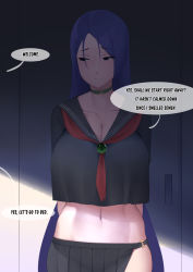 Rule 34 | 1girl, breasts, cleavage, crop top, crop top overhang, english text, fate (series), highres, long hair, minamoto no raikou (fate), minamoto no raikou (fate/grand order), minamoto no raikou (swimsuit lancer) (fate), moebell, navel, purple hair, school uniform, sequential, shade, solo focus, very long hair