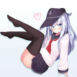 Rule 34 | 1girl, anchor, anchor symbol, bad id, bad twitter id, black hat, black skirt, black thighhighs, blue background, blue eyes, blush, closed mouth, flat cap, full body, gradient background, hair between eyes, hat, heart, hibiki (kancolle), kantai collection, long hair, long sleeves, no shoes, pleated skirt, red neckwear, reitou mikan, sailor collar, school uniform, serafuku, silver hair, simple background, skirt, solo, thighhighs