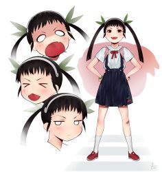 Rule 34 | &gt; &lt;, 1girl, absurdres, backpack, bag, bakemonogatari, bandaid, bandaid on knee, bandaid on leg, black hair, blue skirt, blush, bow, bowtie, bracelet, closed mouth, collared shirt, commentary, cropped head, fang, full body, green ribbon, hachikuji mayoi, hair ribbon, hairband, hands on own hips, highres, jewelry, monogatari (series), multiple views, open mouth, piancaesar, red bow, red bowtie, red footwear, ribbed socks, ribbon, school uniform, shiny skin, shirt, short sleeves, sidelocks, signature, simple background, skin fang, skirt, smug, socks, standing, suspender skirt, suspenders, symbol-only commentary, tongue, tongue out, twintails, v-shaped eyebrows, white background, white hairband, white shirt, white socks