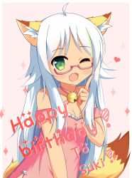 Rule 34 | 1girl, ;d, ahoge, animal ear fluff, animal ears, bell, blush, breasts, cleavage, collarbone, commentary request, dress, fang, fox ears, fox girl, fox tail, glasses, green eyes, hand up, happy birthday, heart, highres, index finger raised, jingle bell, long hair, one eye closed, open mouth, original, pink-framed eyewear, pink dress, semi-rimless eyewear, silver hair, sleeveless, sleeveless dress, small breasts, smile, solo, sparkle, tail, under-rim eyewear, upper body, very long hair, xiaosamiao