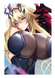 Rule 34 | 1girl, absurdres, armor, bare shoulders, black dress, blonde hair, blush, breasts, chain, dress, barghest (fate), fate/grand order, fate (series), gauntlets, green eyes, heterochromia, highres, horns, jewelry, large breasts, long hair, looking at viewer, necklace, pauldrons, red eyes, shoulder armor, single gauntlet, single pauldron