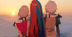 Rule 34 | 1boy, 2girls, ahonoko, alear (female) (fire emblem), alear (fire emblem), arm on another&#039;s shoulder, blonde hair, blue hair, clanne (fire emblem), fire emblem, fire emblem engage, framme (fire emblem), from behind, highres, multicolored hair, multiple girls, nintendo, red hair, siblings, split-color hair, sunset, twins, two-tone hair