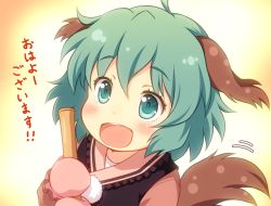 Rule 34 | 1girl, :d, animal ears, blush, broom, female focus, gloves, green eyes, green hair, holding, kasodani kyouko, matching hair/eyes, open mouth, short hair, smile, solo, tail, touhou, wild and horned hermit, yamasan