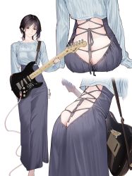Rule 34 | 1girl, backless outfit, black eyes, black hair, blue skirt, breasts, butt crack, cross-laced clothes, cross-laced dress, electric guitar, eyeliner, fender stratocaster, guitar, guitar little sister (hitomi o), highres, hitomi o, instrument, long hair, long skirt, looking at viewer, makeup, mole, mole under mouth, multiple views, original, shirt, simple background, skirt, sleeves past wrists, smile, white background