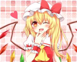Rule 34 | 1girl, ;d, ascot, blonde hair, blush, female focus, flandre scarlet, hat, laughing, long hair, looking at viewer, one eye closed, open mouth, red eyes, short hair, side ponytail, smile, solo, touhou, wings, wink, wrist cuffs, yuria (kittyluv)