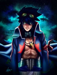 Rule 34 | 00s, 1boy, abs, blue hair, core drill, evil grin, evil smile, glowing, glowing eyes, goggles, goggles on head, gorget, green eyes, grin, highres, jacket, jewelry, male focus, nips (ohnips), aged up, open clothes, open jacket, pendant, short hair, simon (ttgl), smile, solo, space, spiked hair, spiral power, star (symbol), starry background, tengen toppa gurren lagann, topless male