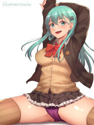 Rule 34 | 10s, 1girl, blouse, brown jacket, brown skirt, brown sweater, brown thighhighs, buttons, green eyes, green hair, hair ornament, hairclip, jacket, kantai collection, kurowan, long hair, neck ribbon, open mouth, panties, pleated skirt, purple panties, red ribbon, ribbon, shirt, simple background, skirt, smile, solo, suzuya (kancolle), sweater, thighhighs, twitter username, underwear, white background, white shirt