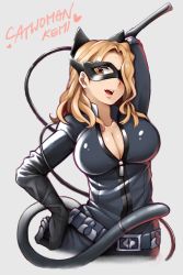 Rule 34 | 10s, 1girl, absurdres, animal ears, arm behind head, belt, blonde hair, boku no hero academia, breasts, brown eyes, cat ears, cleavage, collarbone, commentary request, domino mask, hair over one eye, hand on own hip, highres, large breasts, mask, open mouth, skin tight, solo, tail, unzipped, utsushimi kemii, yaobin yang