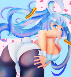 Rule 34 | 1girl, animal ears, artist request, ass, bare shoulders, blue eyes, blue hair, blush, breasts, cameltoe, fake animal ears, from behind, hair ornament, highres, king&#039;s raid, laias (king&#039;s raid), large breasts, leaning forward, leotard, long hair, looking at viewer, looking back, pantyhose, playboy bunny, rabbit ears, rabbit tail, shiny clothes, shiny skin, sideboob, smile, solo, tail, very long hair