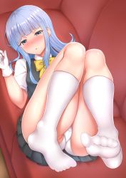 Rule 34 | 1girl, :&lt;, ass, blue eyes, blue hair, blunt bangs, blush, bow, bowtie, breasts, dress, gloves, hatsukaze (kancolle), kantai collection, kneehighs, legs up, looking at viewer, lying, panties, piyobomu, skirt, small breasts, socks, soles, solo, sweatdrop, thighs, toes, underwear, vest, white gloves, white panties, white socks, yellow bow, yellow bowtie
