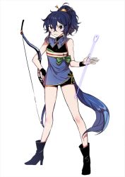 Rule 34 | 1girl, arrow (projectile), bad id, bad twitter id, blue hair, boots, bow (weapon), character request, chinese clothes, copyright request, ecru, hair ornament, high heel boots, high heels, long hair, shoes, shorts, solo, weapon