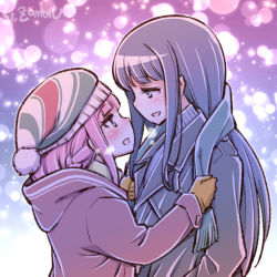 Rule 34 | 2girls, :d, artist name, beanie, blue hair, blush, coat, eye contact, hat, height difference, hood, hooded jacket, jacket, long hair, looking at another, magia record: mahou shoujo madoka magica gaiden, mahou shoujo madoka magica, multiple girls, nanami yachiyo, open mouth, pink hair, scarf, scarf grab, smile, studiozombie, tamaki iroha, winter clothes, yuri
