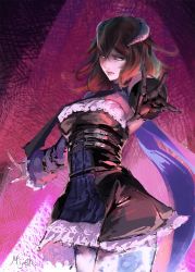 Rule 34 | 1girl, artist request, black hair, bloodstained: ritual of the night, blue eyes, breasts, brown hair, cowboy shot, detached sleeves, foreshortening, gauntlets, gradient hair, hair between eyes, hair ornament, highres, horns, looking at viewer, miriam (bloodstained), multicolored hair, pale skin, short hair, solo, stained glass