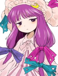 Rule 34 | 1girl, blue ribbon, blunt bangs, blush, collar, crescent, crescent hat ornament, crescent pin, dated commentary, dress, hair ribbon, hat, hat ornament, hat ribbon, jitome, long hair, looking at viewer, mob cap, patchouli knowledge, pink ribbon, purple eyes, purple hair, purple ribbon, ribbon, sakumo (okura oishiiii), signature, simple background, solo, striped clothes, striped dress, touhou, upper body, vertical-striped clothes, vertical-striped dress, watermark, white background