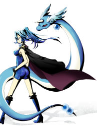 Rule 34 | 1girl, armpits, ass, bare arms, blue eyes, blue gloves, blue hair, bodysuit, boots, bracelet, breasts, cape, clair (pokemon), creatures (company), dragonair, earrings, epaulettes, full body, game freak, gem, gen 1 pokemon, gloves, gym leader, hand on own hip, head wings, high heels, high ponytail, highres, horns, jewelry, large breasts, long hair, looking at viewer, looking back, matching hair/eyes, nintendo, pearl (gemstone), pokemon, pokemon (creature), pokemon hgss, ponytail, simple background, single horn, skin tight, solo, white background, wings