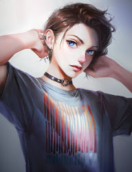 Rule 34 | 1girl, arms behind head, arms up, black choker, blue eyes, brown hair, choker, closed mouth, commentary request, dated commentary, ear piercing, earrings, eyelashes, highres, jewelry, lips, looking at viewer, nababa, o-ring, o-ring choker, original, piercing, shirt, short hair, short sleeves, solo, upper body, white shirt