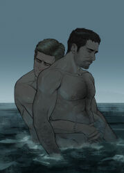 Rule 34 | 2boys, abs, absurdres, arm hair, artist name, bandaged hand, bandages, bara, blonde hair, brown hair, chest hair, chris redfield, closed eyes, closed mouth, completely nude, couple, ethan winters, facial hair, highres, jedmossfeld, large pectorals, male focus, multiple boys, muscular, muscular male, nipples, nude, outdoors, partially submerged, pectorals, resident evil, resident evil village, short hair, water, yaoi