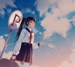 Rule 34 | 1girl, bad id, bad pixiv id, black hair, blouse, blue skirt, blue sky, brown eyes, closed mouth, cloud, cloudy sky, day, dutch angle, evening, hand up, highres, long sleeves, original, outdoors, outstretched hand, pleated skirt, ponytail, red neckwear, shirt, sidelocks, sign, skirt, sky, solo, standing, tareme, thighhighs, white shirt, white thighhighs, zettai ryouiki, zhibuji loom