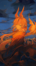 Rule 34 | 1girl, arknights, blue eyes, cape, closed mouth, cloud, cloudy sky, commentary request, dragon horns, dragon tail, evening, field, flame-tipped tail, flower, hair ornament, highres, horns, lch, light smile, lily (flower), looking at viewer, multiple horns, orange theme, reed (arknights), reed the flame shadow (arknights), sidelocks, sky, solo, tail, white flower, wind