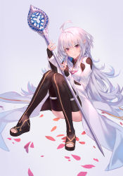 Rule 34 | 1girl, ahoge, black gloves, closed mouth, fate/grand order, fate/prototype, fate (series), fingerless gloves, full body, gloves, gradient background, highres, holding, holding staff, jolker, long hair, long sleeves, looking at viewer, merlin (fate/prototype), merlin (fate/prototype) (second ascension), petals, pointy ears, purple background, red eyes, sitting, smile, solo, staff, white hair, wide sleeves