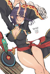 Rule 34 | 1girl, absurdres, alternate breast size, arms up, black dress, blush, braid, breasts, china dress, chinese clothes, cleavage, cleavage cutout, clothing cutout, dress, expulse, eyeliner, fate/grand order, fate (series), fingernails, hair rings, hat, heroic spirit festival outfit, highres, horns, jiangshi, large breasts, long sleeves, looking at viewer, makeup, ofuda, oni, open mouth, parted lips, peacock feathers, pelvic curtain, pointy ears, purple eyes, purple hair, qingdai guanmao, sash, sharp fingernails, short eyebrows, short hair, shuten douji (fate), shuten douji (festival outfit) (fate), side slit, simple background, skin-covered horns, solo, thighs, white background, wide sleeves