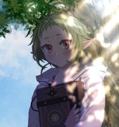 Rule 34 | 1girl, blue sky, book, closed mouth, cloud, day, elf, green hair, highres, holding, holding book, hood, hooded jacket, jacket, kiyo (a sam ko), looking at viewer, mushoku tensei, outdoors, pointy ears, red eyes, short hair, sky, smile, solo, sylphiette (mushoku tensei), white jacket
